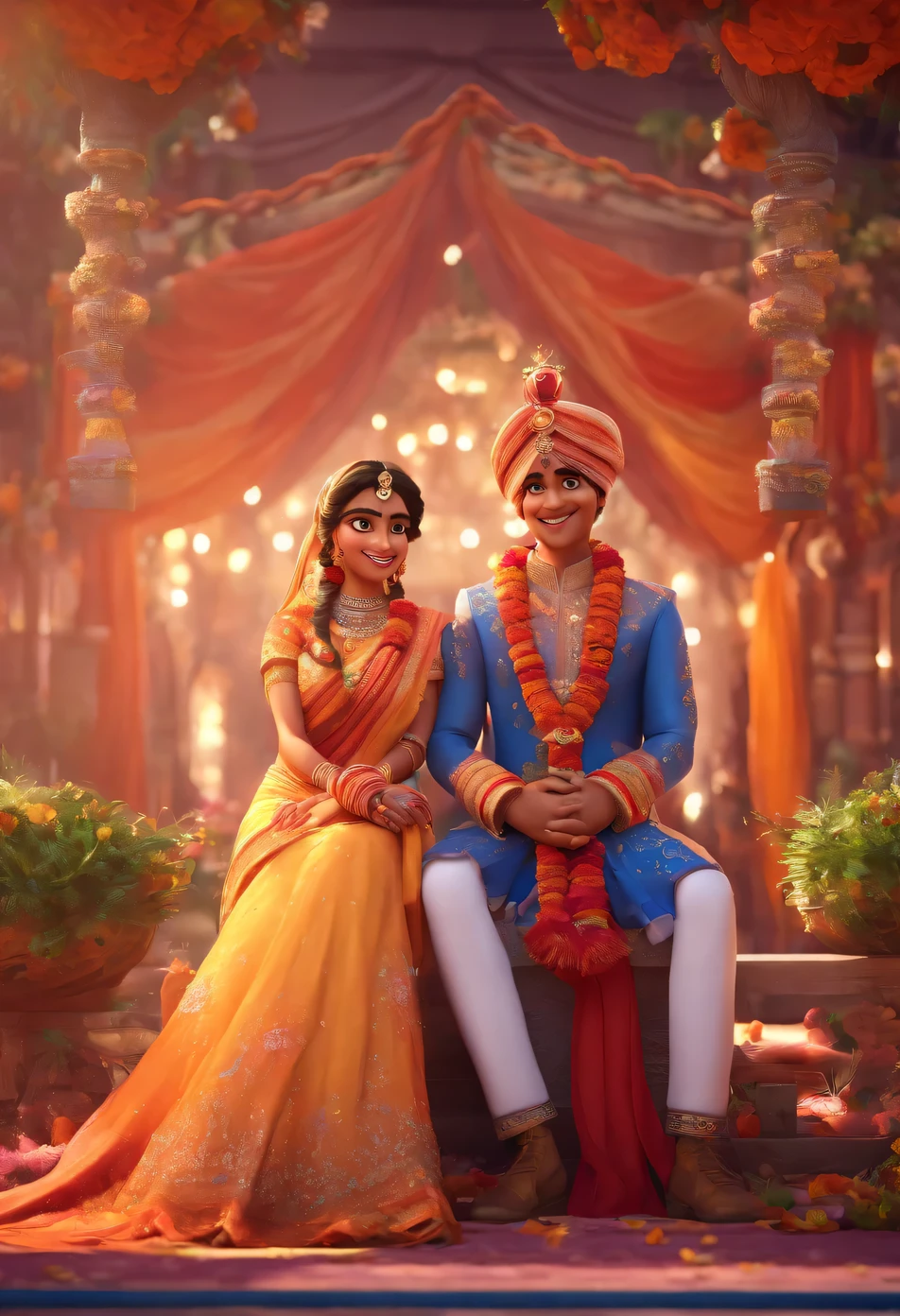 Disney pixar poster, indian wedding couple, 3D animations，Pixar， (best quality)(8k)