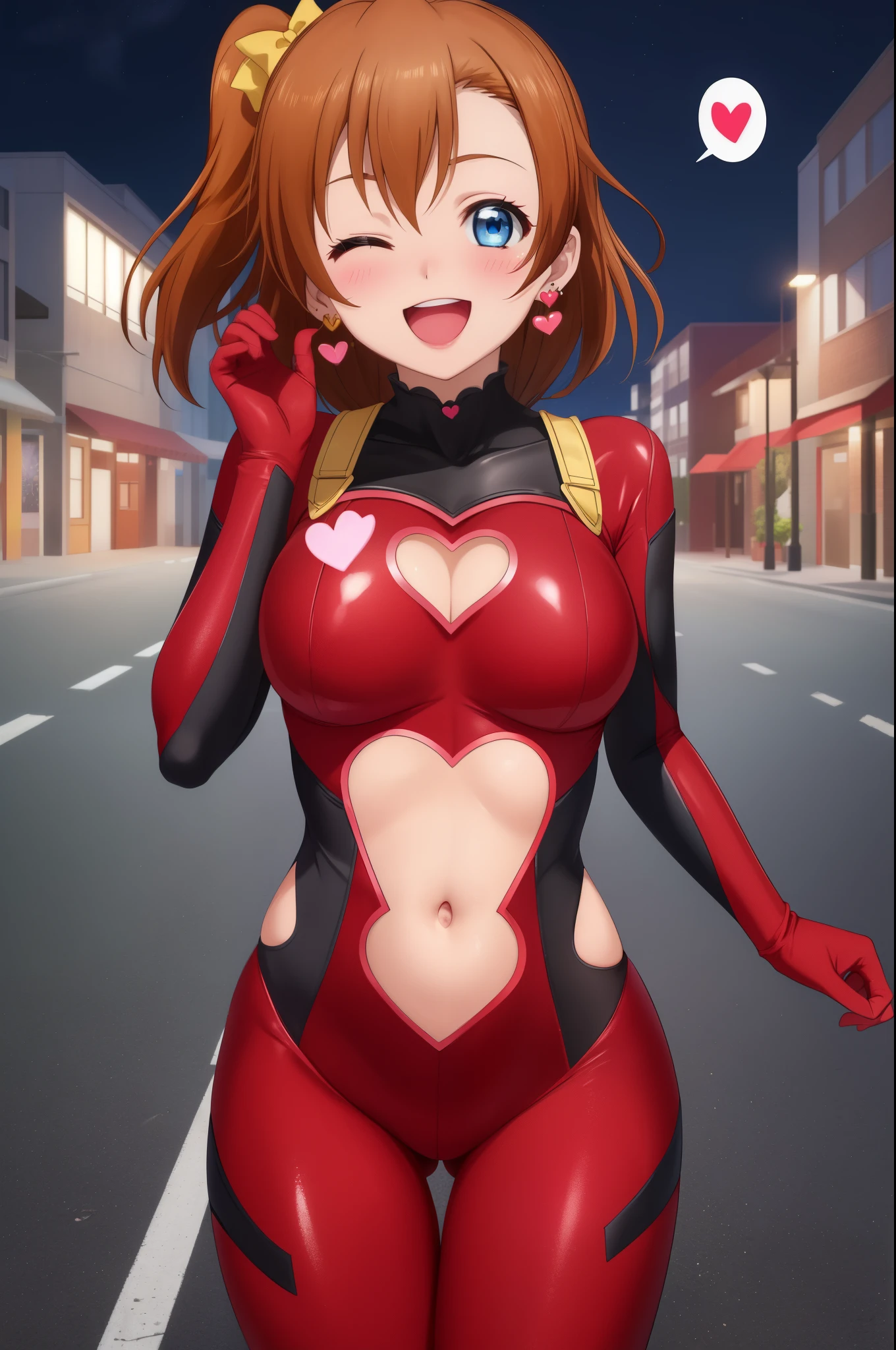 masterpiece, best quality,8k wallpaper, blue eyes, upper body,kousaka honoka, breasts , (plain red bodysuit),in street , solo, earrings , blushing , night , smile,:D, one eye closed , navel ,(pubic tattoo), spoken heart 