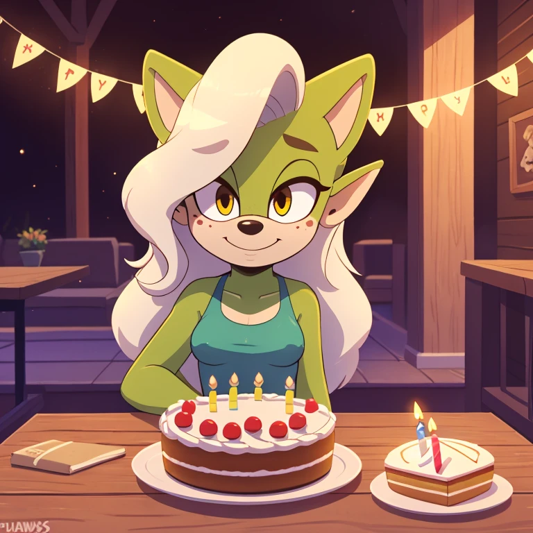 masterpiece, detailed background, hi res, detailed, 4k, mobian, green skin, white hair, wavy hair, long hair, yellow eyes, pointy ears, medium breasts, freckles, casual clothes, wamudraws_style, happy birthday, birthday birthday cake,