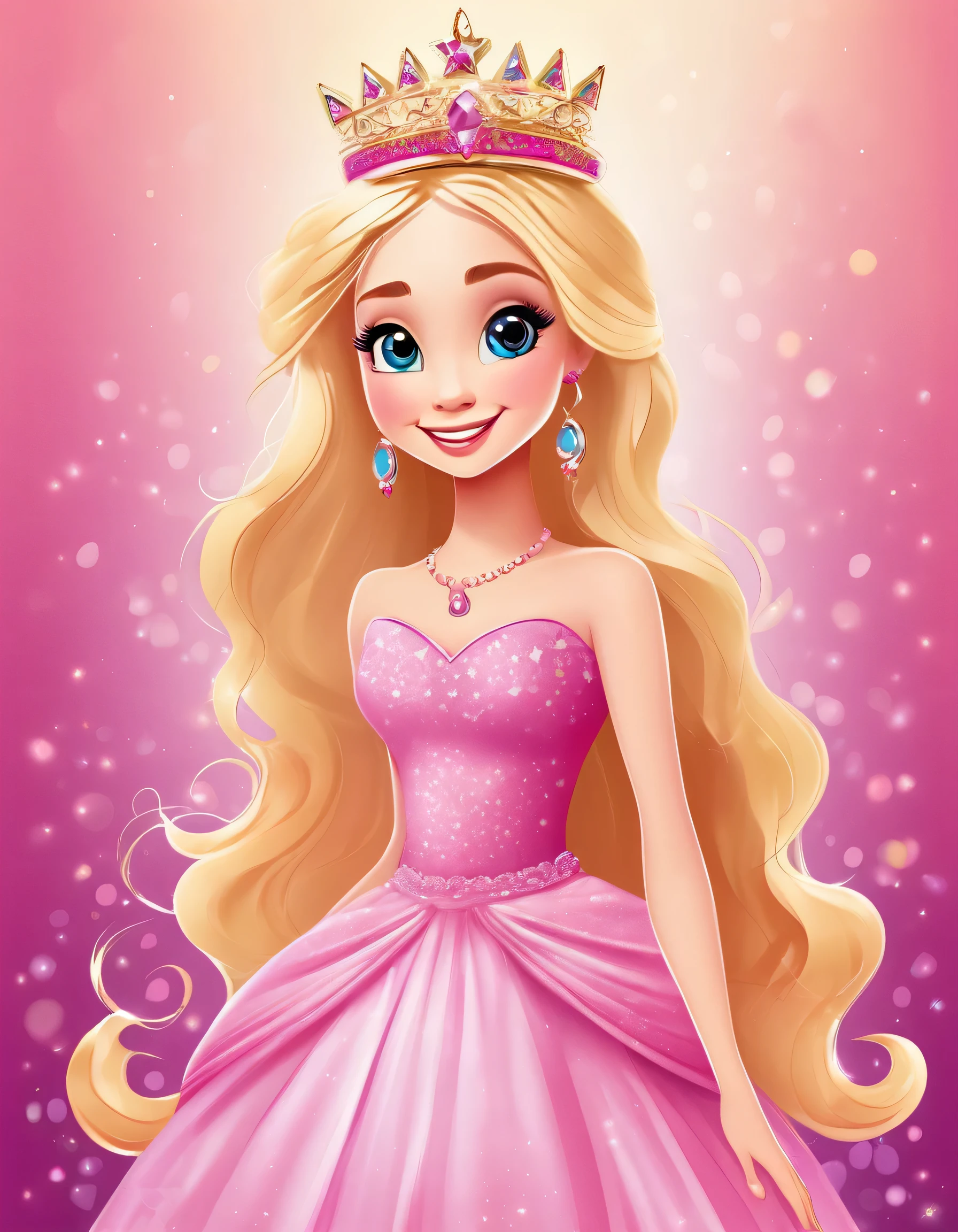 PRINCESS SMILE CUTE face ILLUSTRATION PAGE VIVED COLORFUL LONG layered DRESS TO FLOOR BLOND HAIR CROWN FULL BODY ON PAGE full dress PINK BACKGROUND