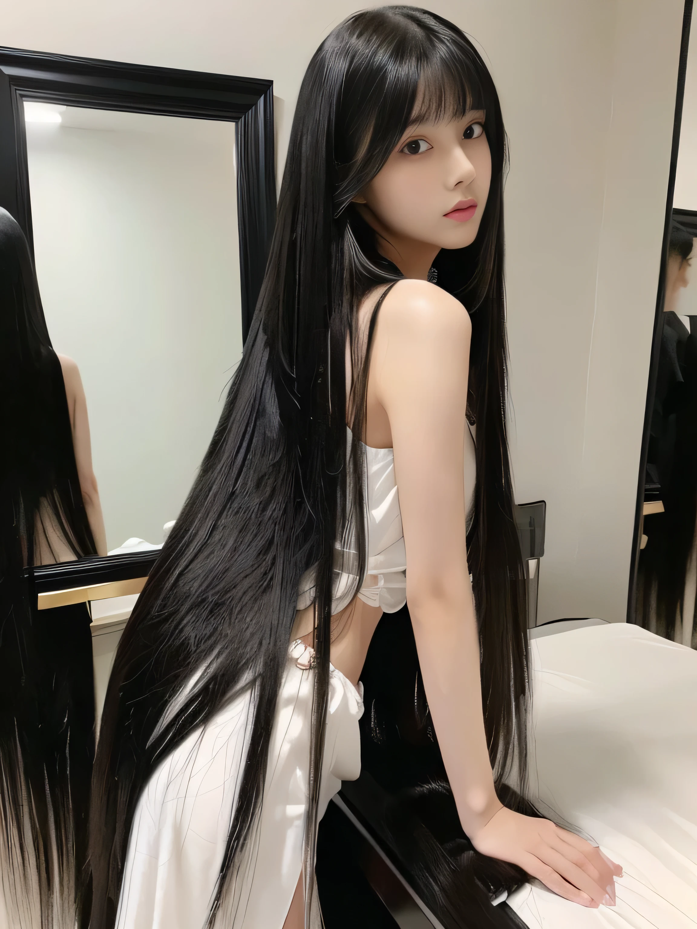 (Image Size16:9) ((highest quality)), ((masterpiece)), (be familiar with), perfect face alone (Full body photography) ((highest quality)), ((masterpiece)), (be familiar with), perfect face arafed woman with long black hair standing in front of a wall, long black shiny hair, black silky hair, Extra Dark Natural Black Hair, long straight black hair, (long black straight hair), Perfect silky straight hair, straight black hair, long black hair, her hair is long and straight, detailed long black hair (super long hair up to waist 1.50) (The bangs are trimmed to the eyebrows.) (The bangs are cropped like a model.)
she is canadian (crawl on all fours) White Nightgown The color of the bed is white