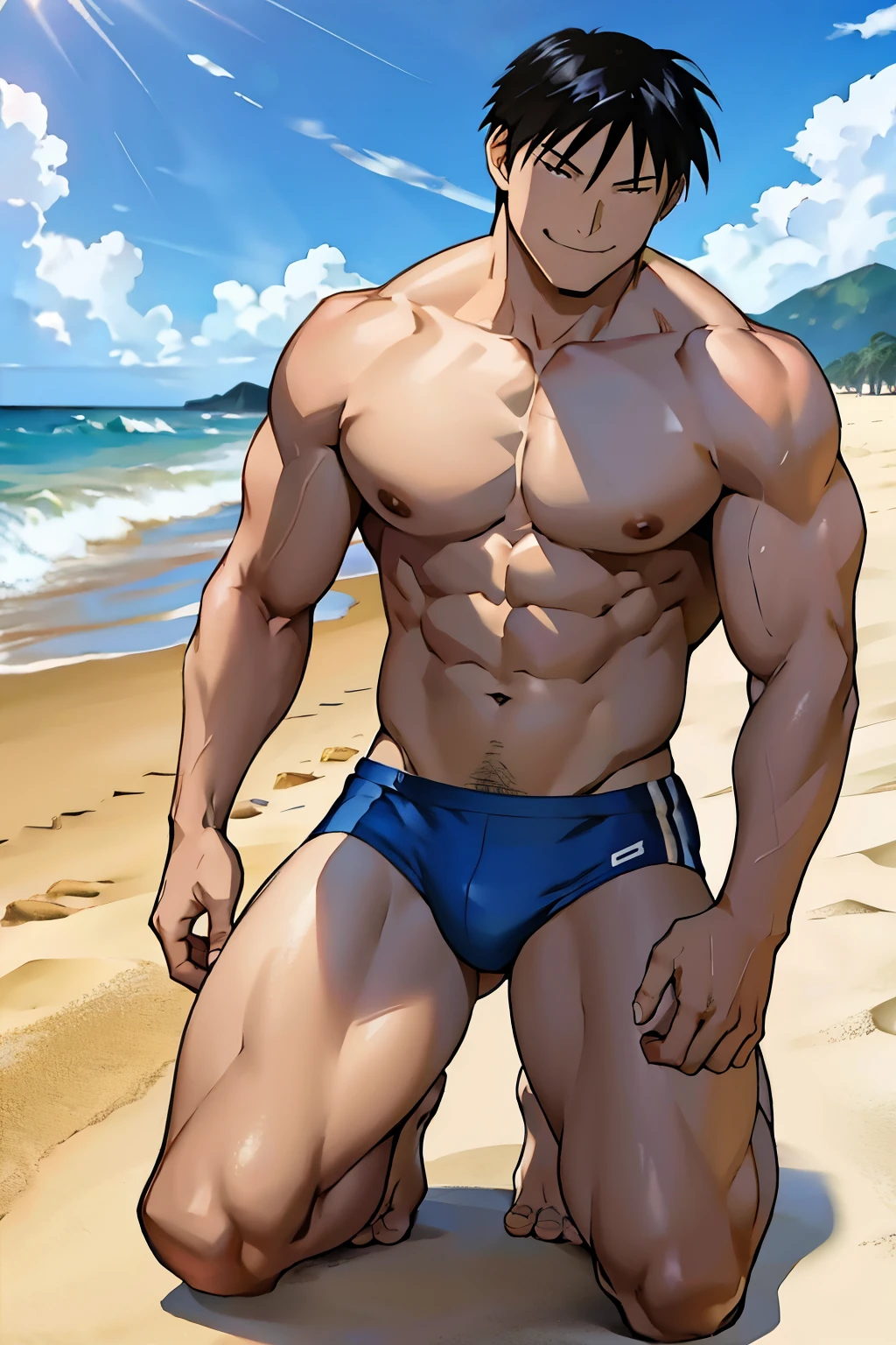 Roy Mustang from Full Metal Alchemist, wearing swimsuit, smug smile, bodybuilder, defined body, posing, shirtless, abs, big legs, kneeling on the sand