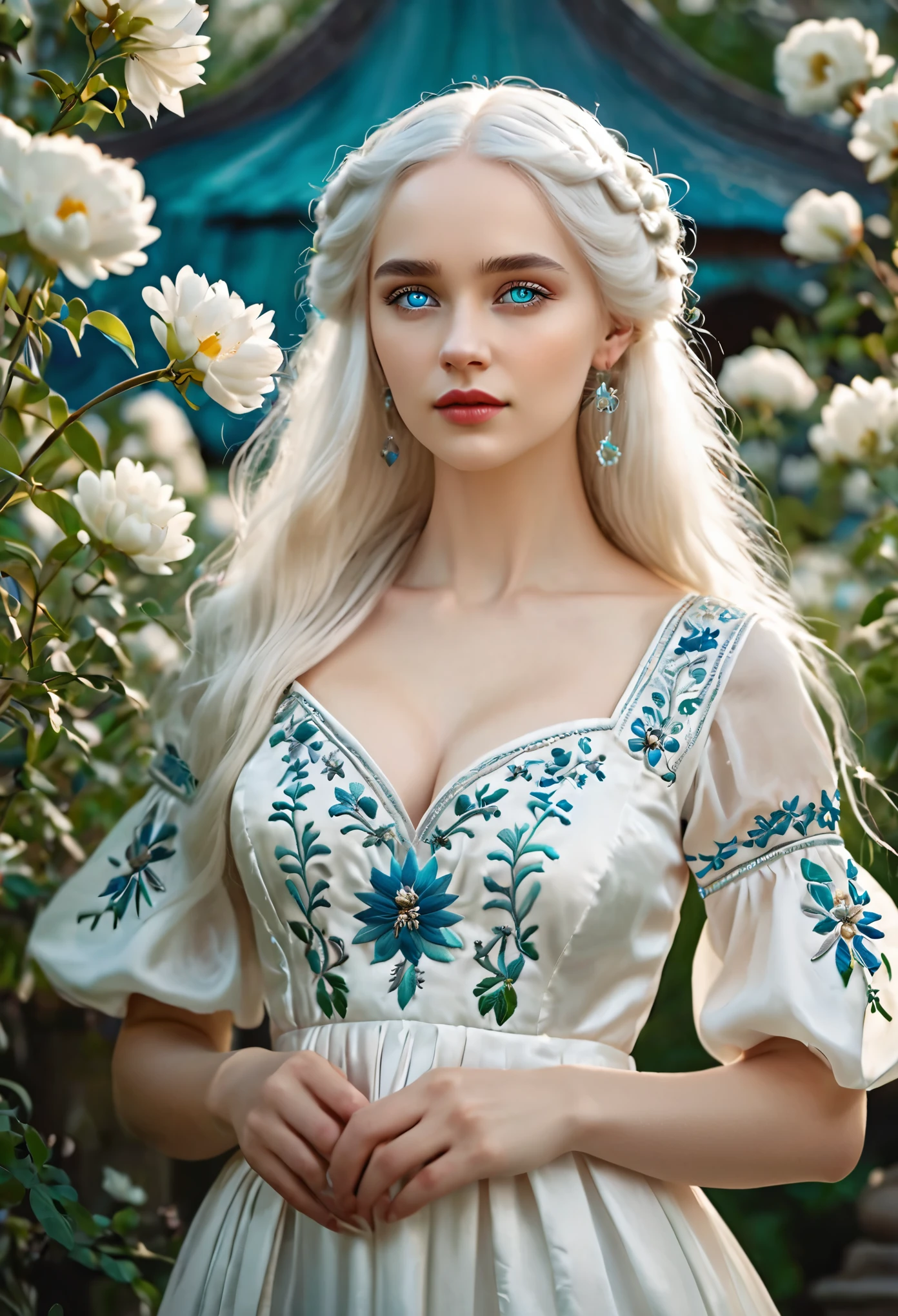 Russian Empire, Neon, garden, fabulous girl, dressed in a pale white simple silk dress of the 19th century with silver embroidery, Face similar to Daenerys, long white hair, stunning blue eyes, large breasts, realistic Face, Complex details, Beautiful fantasy setting, "silver-blue-green floral embroidery, 8K, HD