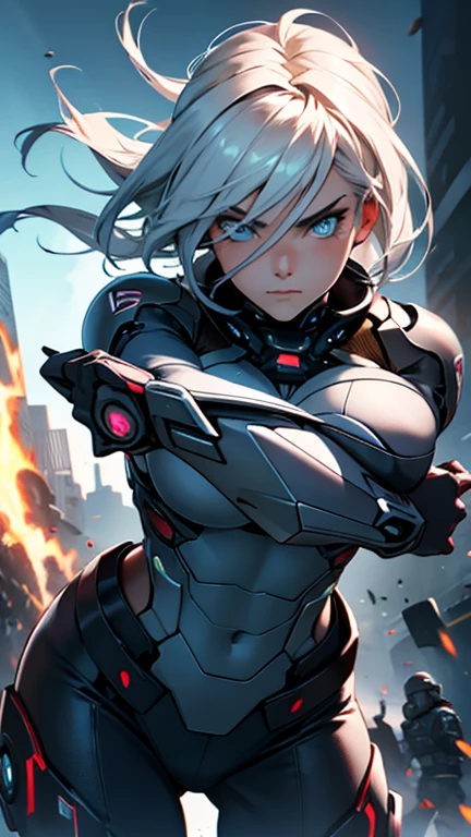 Beautiful cybernetic girl looking at camera in battle gear detailed muscles realistic masterpieces dynamic poses