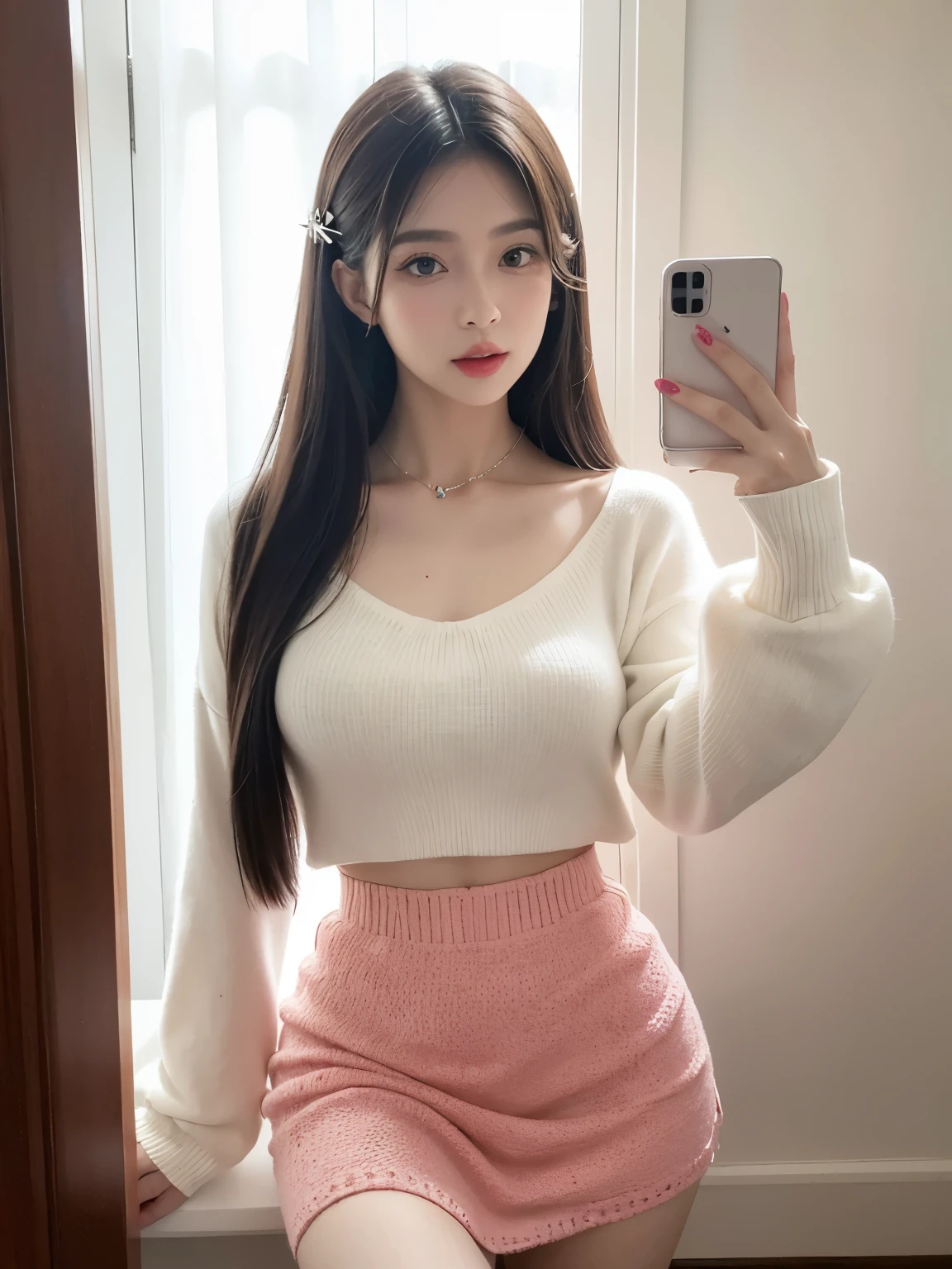 Kim Jennie with white brown hair, con rulos en las puntas, all her hair white brown, with a star clip in her white brown hair, ojos de color claro, ojos bonitos, ojos llorosos, nariz bonita y respingada, nariz lloroso, labios bonitos, labios rosas, heart and cupid shaped lip, piel bonita, pale, piel blanca, con lunares y pecas en todo el rostro, rubor rosa suave en las mejilla, rubor rosa natural, maquillaje suave y rosa, jennie, cuello bonito, cuello marcado, frown, mirada tierna, con un collar de beso, un collar bonito de beso, parecido a Yumeko Jabami, mientras lleva puesto un Crochet YK2, de lana, with a YK2 style brown mini skirt, mientras lleva una casaca con estampados de ositos, mientras tiene el abdomen desnudo, delgado, marcado y bonito, (pechos grandes, pechos suaves, pechos bonitos), mientras esta haciendo cospaly del personaje Yumeko Jabami, del anime Kakegurui, mirando a la camara, autofoto, selfie bonita