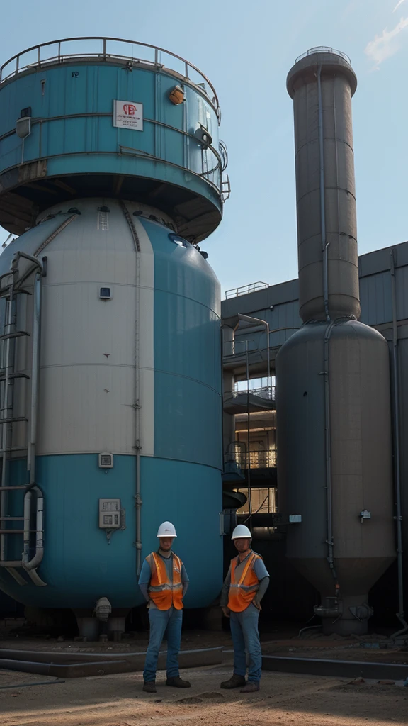 Create an image of landscape photography, huge water tanks in blue color, bright sky, environmental portrait, engineering portrait, worksafe. instagram photo, people at work, water industries, engineering, corporate photo, industrial photo, look at the details.