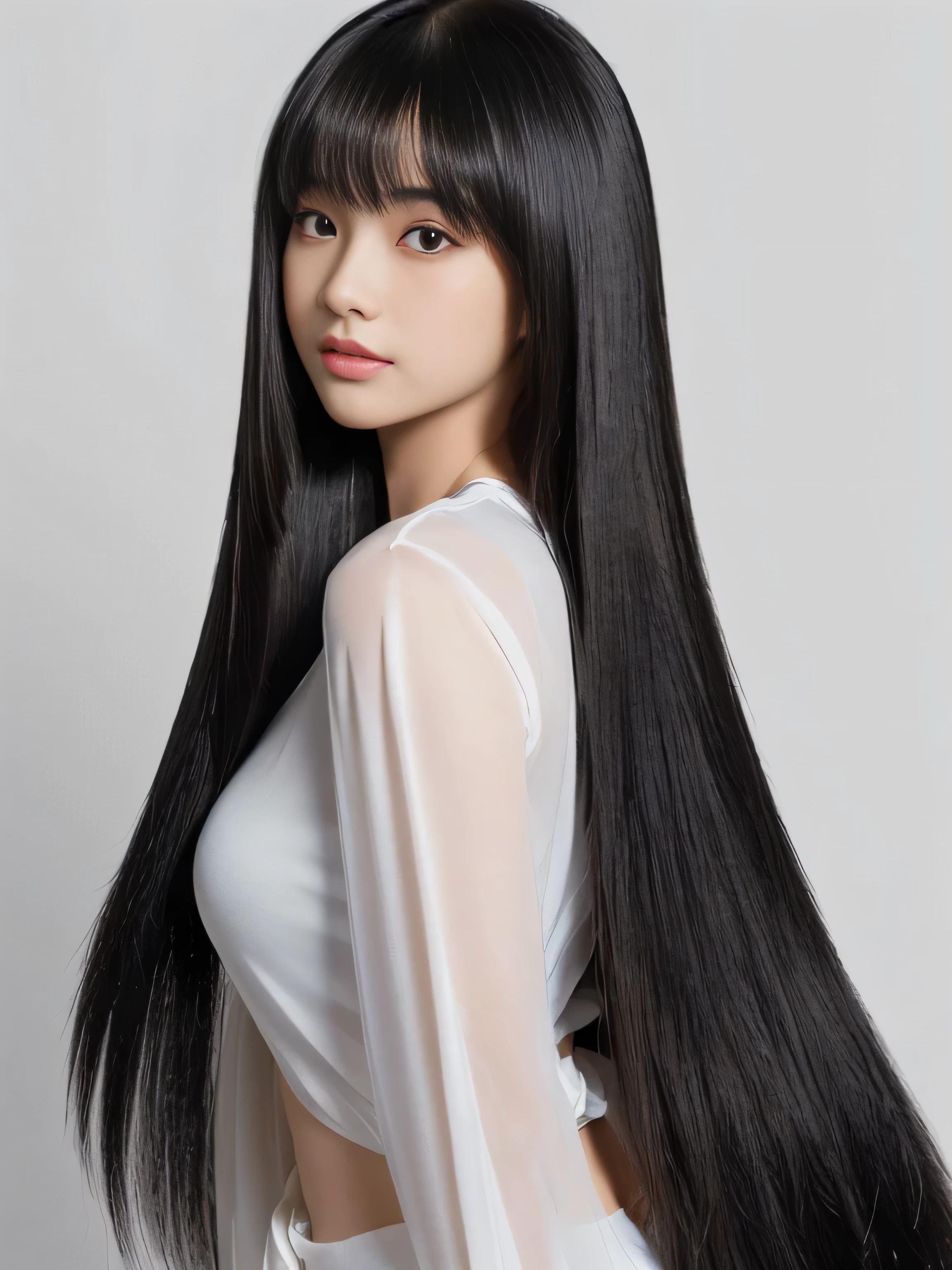 ((Random poses that show as much back and hair as possible:1.3)) ((Beautiful -yeld juwith long black hair, girl with super length Hair, extremely length Hair, extra length Hair, very long, Flowing Hair, very length Hair, length Hair girl, very long, Flowing black hair, length Hair windy, Very long black hair, length, Flowing Hair, length and curly hair, with length Hair, length Hair!!!! Stand in front of a mirror Her highest quality hair is long and straight., very long, highest quality black hair, length hair in the center, Highest quality long straight hair, length, straight, beautiful, High quality hair, length and free black highest quality straight hair, length Hair, length and straight, highest quality black hair, Perfect silky straight hair of the highest quality, straight, highest quality black hair, length black straight hair, length, Thin black hair Her hair is long and straight, very long black hair, length hair in the center, length straight hair, length, straight, beautiful hair of the highest quality, length Hair, length, straight black hair, length and free straight black hair, straight black hair)) (Her bangs are perfect.:1.3) (Pure white wall background:1.8. Photo of upper body from waist up) (Japan'The cutest 12 year old hair model) (Shehe viewer with a very seductive expression..) ((highest quality)), ((masterpiece)), (Familiar) (Get used to it) Perfect Face (Her skin is a typical Japanese skin color.、And very detailed) (Big Breasts:1.3) (She is wearing a light blue skirt and a white blouse..) (She has a beautiful face and a slim figure..., Narrow eyes) (She has perfect beautiful makeup and face Lipstick is light red A solid eyeliner) ((Rich 1.4)) (Extremely detailed 8K) (Ultra-fine skin texture 1.4) (Actual, Vibrant:1.4), double eyelid Sharp focus:1.2、Beautiful woman:1.4 Dynamic Lighting (Genuine RAW photos taken by professional photographers) (Her long bangs、Well Organized) (Turn your whole body to the viewer) Professionally lit from the front (She has a bright and cheerful face) (Above the knee shot:1.6)