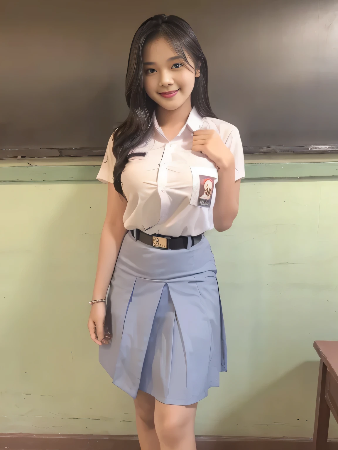 ((Best quality, Masterpiece, 8K)), Indonesian girl. Wear Indonesian high . White shirt, gray skirt. Black belt. Beauty, half layered hair. Big breast. Standing in classroom chair, flirty pose. Smile. Full body