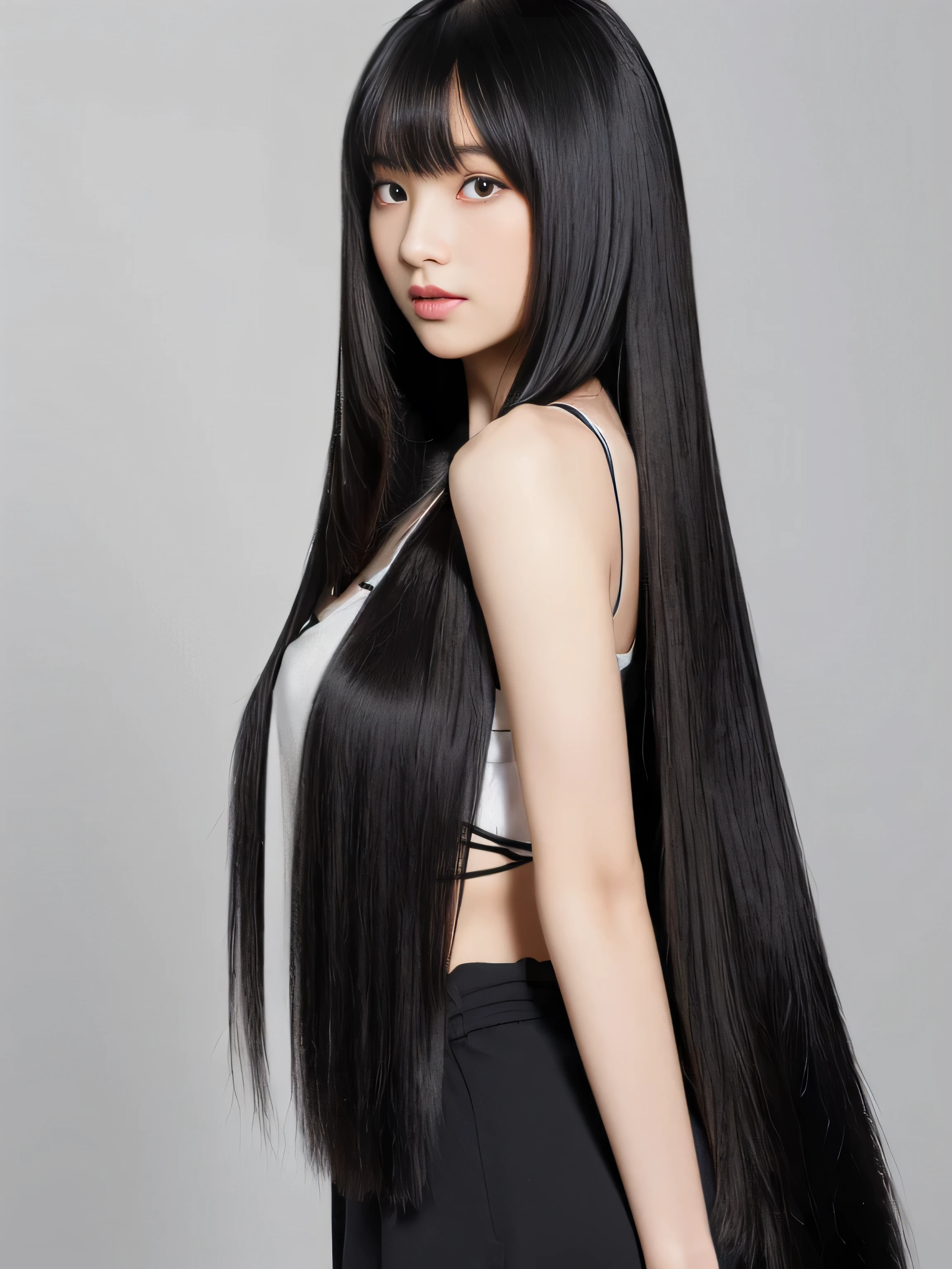 ((Random poses that show as much back and hair as possible:1.3)) ((Beautiful -yeld juwith long black hair, girl with super length Hair, extremely length Hair, extra length Hair, very long, Flowing Hair, very length Hair, length Hair girl, very long, Flowing black hair, length Hair windy, Very long black hair, length, Flowing Hair, length and curly hair, with length Hair, length Hair!!!! Stand in front of a mirror Her highest quality hair is long and straight., very long, highest quality black hair, length hair in the center, Highest quality long straight hair, length, straight, beautiful, High quality hair, length and free black highest quality straight hair, length Hair, length and straight, highest quality black hair, Perfect silky straight hair of the highest quality, straight, highest quality black hair, length black straight hair, length, Thin black hair Her hair is long and straight, very long black hair, length hair in the center, length straight hair, length, straight, beautiful hair of the highest quality, length Hair, length, straight black hair, length and free straight black hair, straight black hair)) (Her bangs are perfect.:1.3) (Pure white wall background:1.8. Photo of upper body from waist up) (Japan'The cutest 12 year old hair model) (Shehe viewer with a very seductive expression..) ((highest quality)), ((masterpiece)), (Familiar) (Get used to it) Perfect Face (Her skin is a typical Japanese skin color.、And very detailed) (Big Breasts:1.3) (She is wearing a light blue skirt and a white blouse..) (She has a beautiful face and a slim figure..., Narrow eyes) (She has perfect beautiful makeup and face Lipstick is light red A solid eyeliner) ((Rich 1.4)) (Extremely detailed 8K) (Ultra-fine skin texture 1.4) (Actual, Vibrant:1.4), double eyelid Sharp focus:1.2、Beautiful woman:1.4 Dynamic Lighting (Genuine RAW photos taken by professional photographers) (Her long bangs、Well Organized) (Turn your whole body to the viewer) Professionally lit from the front (She has a bright and cheerful face) (Above the knee shot:1.6)