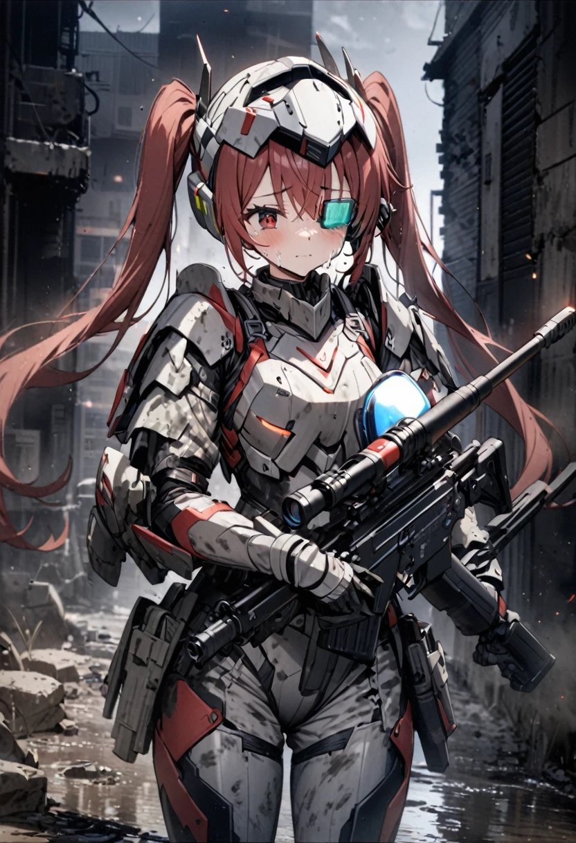 High quality, high definition, hig
h precision images,8k 1Girl Robot Girl、red hair,Twin tails,Red eyes、 ,( white and gray camouflage clothing ),,she wearing flashy robot armor.Holding a urban camouflage long range rifle,A robot-like helmet on the head,Scouter in one eye,The scouter is glowing,night、 The armor is covered in mud and scratches.hugging a soldier,Behind the building,close your eyes Are crying,cowboy shot

