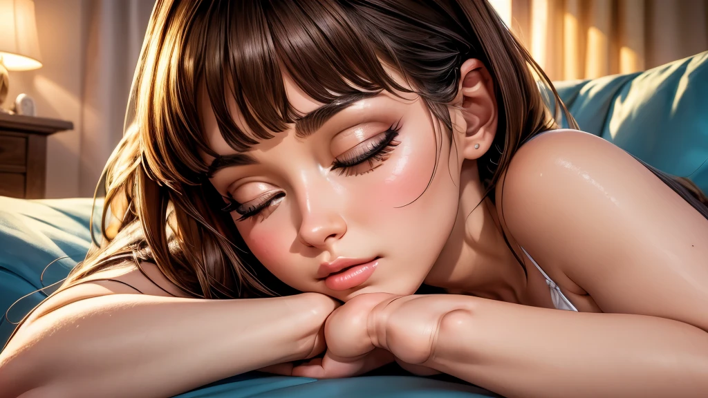 cute sleepwear,girl lying on a sofa,illustration,detailed eyes,detailed lips,long eyelashes,(best quality,4k,8k,highres,masterpiece:1.2),ultra-detailed,realistic:1.37,soft colors,warm lighting