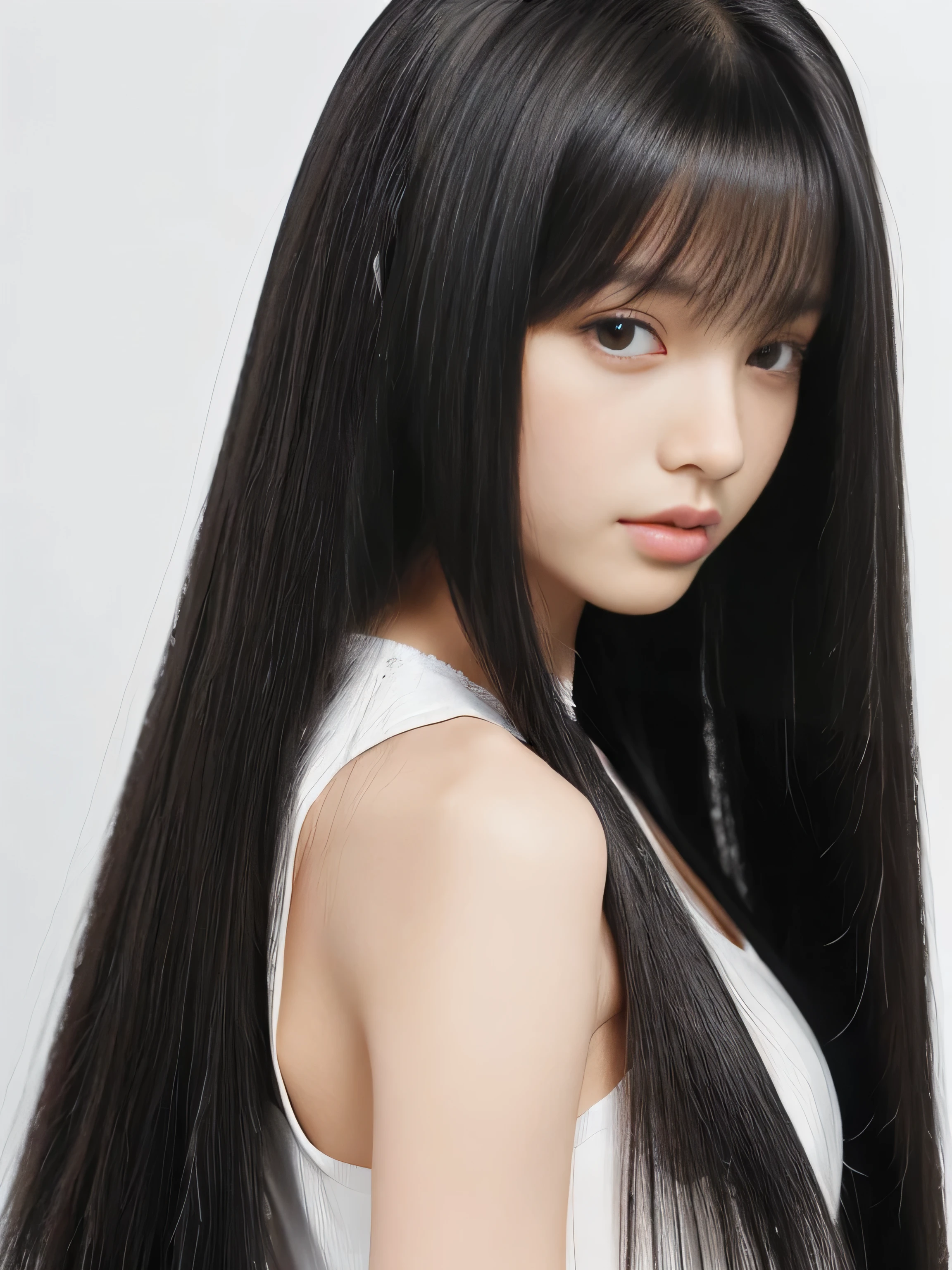 ((Random poses that show as much back and hair as possible:1.3))　((Beautiful 12-year-old junior high school girl with long black hair, girl with super length Hair, extremely length Hair, extra length Hair, very long, Flowing Hair, very length Hair, length Hair girl, very long, Flowing black hair, length Hair windy, Very long black hair, length, Flowing Hair, length and curly hair, with length Hair, length Hair!!!!　Stand in front of a mirror　Her highest quality hair is long and straight., very long, highest quality black hair, length hair in the center, Highest quality long straight hair, length, straight, beautiful, High quality hair, length and free black highest quality straight hair, length Hair, length and straight, highest quality black hair, Perfect silky straight hair of the highest quality, straight, highest quality black hair, length black straight hair, length, Thin black hair　Her hair is long and straight, very long black hair, length hair in the center, length straight hair, length, straight, beautiful hair of the highest quality, length Hair, length, straight black hair, length and free straight black hair, straight black hair))　(Her bangs are perfect.:1.3)　(Pure white wall background:1.8. Photo of upper body from waist up)　(Japan&#39;The cutest 12 year old hair model)　(She looks at the viewer with a very seductive expression..)　((highest quality)), ((masterpiece)), (Familiar)　(Get used to it)　Perfect Face　　(Her skin is a typical Japanese skin color.、And very detailed)　　(Big Breasts:1.3)　(She is wearing a light blue skirt and a white blouse..)　(She has a beautiful face and a slim figure..., Narrow eyes)　(She has perfect beautiful makeup and face　Lipstick is light red　A solid eyeliner)　((Rich 1.4))　(Extremely detailed 8K)　(Ultra-fine skin texture 1.4)　(Actual, Vibrant:1.4), double eyelid　Sharp focus:1.2、Beautiful woman:1.4　Dynamic Lighting　(Genuine RAW photos taken by professional photographers)　(Her long bangs、Well Organized)　(Turn your whole body to the viewer)　Professionally lit from the front　(She has a bright and cheerful face)　(Above the knee shot:1.6)
