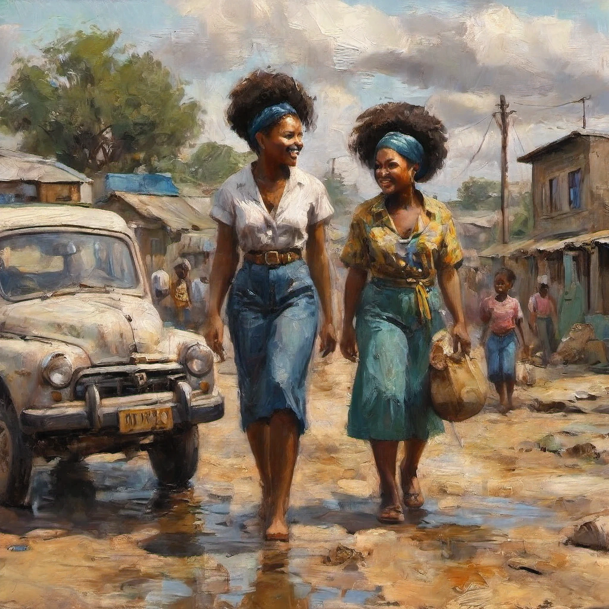 oil painting of two beautiful black women walking in an African slum full of people and old cars, dirty urban environment, children playing in a contaminated river nearby, smile, earrings, hair clip, hair ribbon, silver hair, lots of details , Impressionism, Post-Impressionism , drop shadow, chromatic aberration, close-up, cowboy shot, wide shot, high detail, award-winning, best quality, 16k, high resolution, super detail, anatomically correct, masterpiece, UHD
