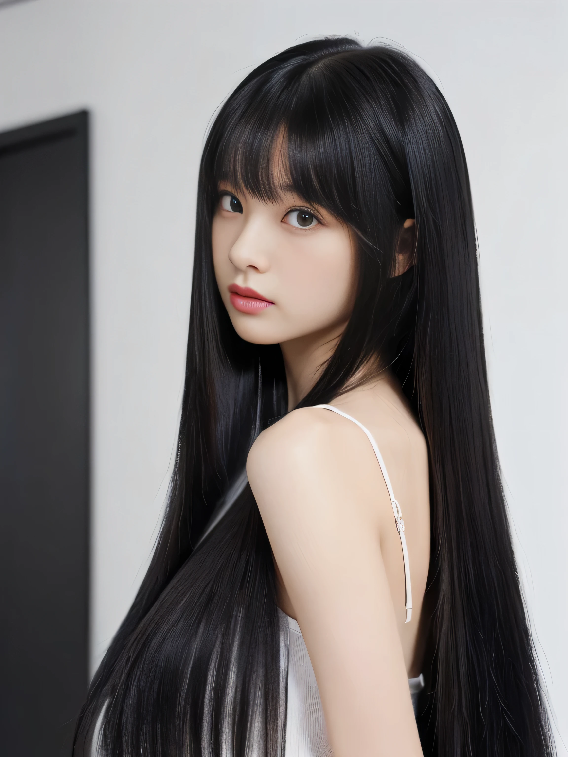 ((Random poses that show as much back and hair as possible:1.3)) ((Beautiful 12-year-old junior high school girl with long black hair, girl with super length Hair, extremely length Hair, extra length Hair, very long, Flowing Hair, very length Hair, length Hair girl, very long, Flowing black hair, length Hair windy, Very long black hair, length, Flowing Hair, length and curly hair, with length Hair, length Hair!!!! Stand in front of a mirror Her highest quality hair is long and straight., very long, highest quality black hair, length hair in the center, Highest quality long straight hair, length, straight, beautiful, High quality hair, length and free black highest quality straight hair, length Hair, length and straight, highest quality black hair, Perfect silky straight hair of the highest quality, straight, highest quality black hair, length black straight hair, length, Thin black hair Her hair is long and straight, very long black hair, length hair in the center, length straight hair, length, straight, beautiful hair of the highest quality, length Hair, length, straight black hair, length and free straight black hair, straight black hair)) (Her bangs are perfect.:1.3) (Pure white wall background:1.8. Photo of upper body from waist up) (Japan'The cutest 12 year old hair model) (She looks at the viewer with a very seductive expression..) ((highest quality)), ((masterpiece)), (Familiar) (Get used to it) Perfect Face (Her skin is a typical Japanese skin color.、And very detailed) (Big Breasts:1.3) (She is wearing a light blue skirt and a white blouse..) (She has a beautiful face and a slim figure..., Narrow eyes) (She has perfect beautiful makeup and face Lipstick is light red A solid eyeliner) ((Rich 1.4)) (Extremely detailed 8K) (Ultra-fine skin texture 1.4) (Actual, Vibrant:1.4), double eyelid Sharp focus:1.2、Beautiful woman:1.4 Dynamic Lighting (Genuine RAW photos taken by professional photographers) (Her long bangs、Well Organized) (Turn your whole body to the viewer) Professionally lit from the front (She has a bright and cheerful face) (Above the knee shot:1.6)