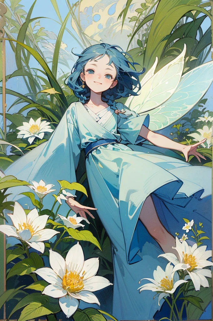 (masterpiece、highest quality、highest quality、Beautiful and beautiful:1.2)、Good anatomy、(Watercolor 1.5)、Composition looking up from a low position、Wide blue sky、Drawing of a girl with braided hair、Beautiful smile、Flower Fairy、Flower-sized body、pure、Charm、Fantasy、Botanical Art