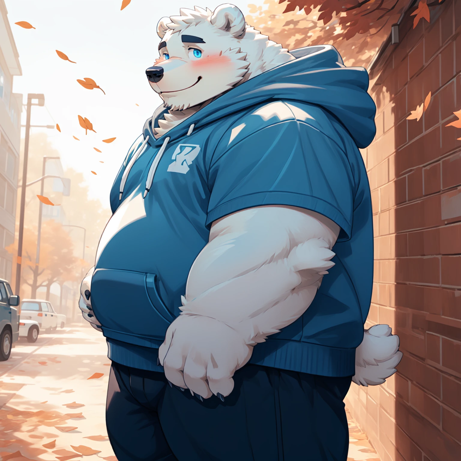 New Jersey 5 Furry，polar bear，Exquisite， Chubby，Fat，Thick arms，Rugged muscles，White plush fur，Chubby脸，Black eyebrows，Sky blue eyes，Beard，School，In the shade，Fallen Leaves，Hoodie，Pants，standing solo，blush，Smile