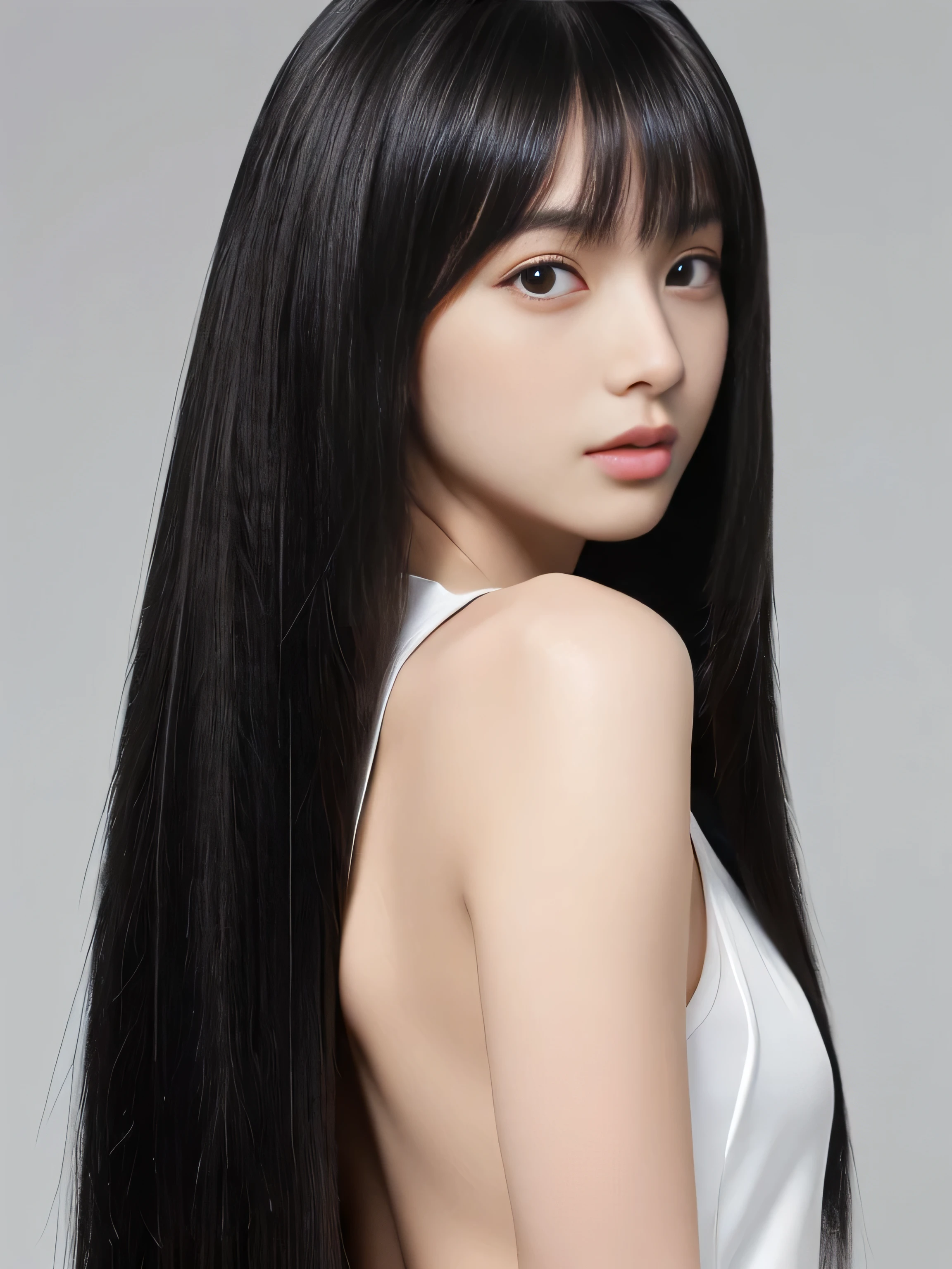((Random poses that show as much back and hair as possible:1.3)) ((Beautiful 12-year-old junior high school girl with long black hair, girl with super length Hair, extremely length Hair, extra length Hair, very long, Flowing Hair, very length Hair, length Hair girl, very long, Flowing black hair, length Hair windy, Very long black hair, length, Flowing Hair, length and curly hair, with length Hair, length Hair!!!! Stand in front of a mirror Her highest quality hair is long and straight., very long, highest quality black hair, length hair in the center, Highest quality long straight hair, length, straight, beautiful, High quality hair, length and free black highest quality straight hair, length Hair, length and straight, highest quality black hair, Perfect silky straight hair of the highest quality, straight, highest quality black hair, length black straight hair, length, Thin black hair Her hair is long and straight, very long black hair, length hair in the center, length straight hair, length, straight, beautiful hair of the highest quality, length Hair, length, straight black hair, length and free straight black hair, straight black hair)) (Her bangs are perfect.:1.3) (Pure white wall background:1.8. Photo of upper body from waist up) (Japan'The cutest 12 year old hair model) (She looks at the viewer with a very seductive expression..) ((highest quality)), ((masterpiece)), (Familiar) (Get used to it) Perfect Face (Her skin is a typical Japanese skin color.、And very detailed) (Big Breasts:1.3) (She is wearing a light blue skirt and a white blouse..) (She has a beautiful face and a slim figure..., Narrow eyes) (She has perfect beautiful makeup and face Lipstick is light red A solid eyeliner) ((Rich 1.4)) (Extremely detailed 8K) (Ultra-fine skin texture 1.4) (Actual, Vibrant:1.4), double eyelid Sharp focus:1.2、Beautiful woman:1.4 Dynamic Lighting (Genuine RAW photos taken by professional photographers) (Her long bangs、Well Organized) (Turn your whole body to the viewer) Professionally lit from the front (She has a bright and cheerful face) (Above the knee shot:1.6)