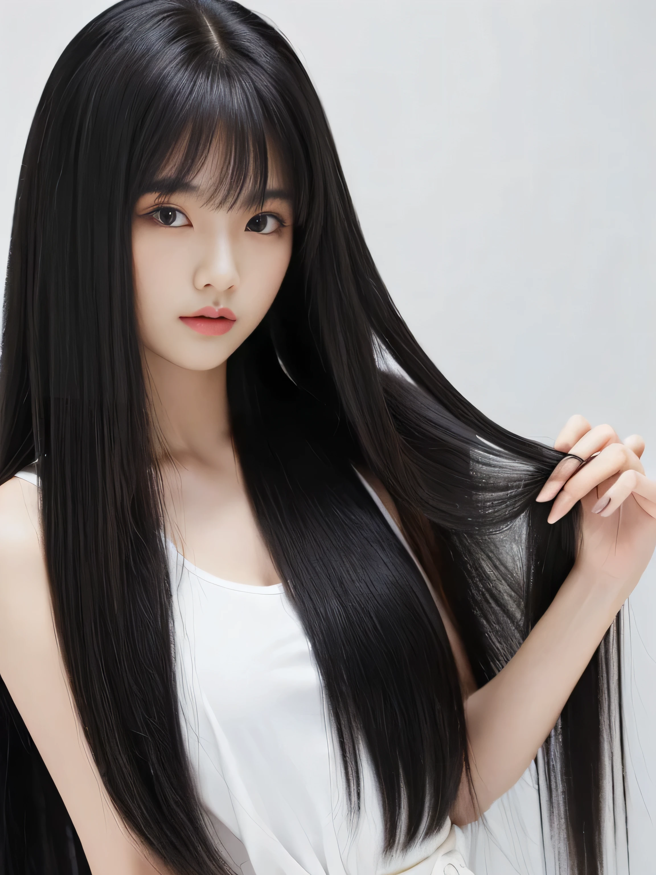 ((Random poses that show as much back and hair as possible:1.3)) ((Beautiful -yeld juwith long black hair, girl with super length Hair, extremely length Hair, extra length Hair, very long, Flowing Hair, very length Hair, length Hair girl, very long, Flowing black hair, length Hair windy, Very long black hair, length, Flowing Hair, length and curly hair, with length Hair, length Hair!!!! Stand in front of a mirror Her highest quality hair is long and straight., very long, highest quality black hair, length hair in the center, Highest quality long straight hair, length, straight, beautiful, High quality hair, length and free black highest quality straight hair, length Hair, length and straight, highest quality black hair, Perfect silky straight hair of the highest quality, straight, highest quality black hair, length black straight hair, length, Thin black hair Her hair is long and straight, very long black hair, length hair in the center, length straight hair, length, straight, beautiful hair of the highest quality, length Hair, length, straight black hair, length and free straight black hair, straight black hair)) (Her bangs are perfect.:1.3) (Pure white wall background:1.8. Photo of upper body from waist up) (Japan'The cutest 12 year old hair model) (Shehe viewer with a very seductive expression..) ((highest quality)), ((masterpiece)), (Familiar) (Get used to it) Perfect Face (Her skin is a typical Japanese skin color.、And very detailed) (Big Breasts:1.3) (She is wearing a light blue skirt and a white blouse..) (She has a beautiful face and a slim figure..., Narrow eyes) (She has perfect beautiful makeup and face Lipstick is light red A solid eyeliner) ((Rich 1.4)) (Extremely detailed 8K) (Ultra-fine skin texture 1.4) (Actual, Vibrant:1.4), double eyelid Sharp focus:1.2、Beautiful woman:1.4 Dynamic Lighting (Genuine RAW photos taken by professional photographers) (Her long bangs、Well Organized) (Turn your whole body to the viewer) Professionally lit from the front (She has a bright and cheerful face) (Above the knee shot:1)
