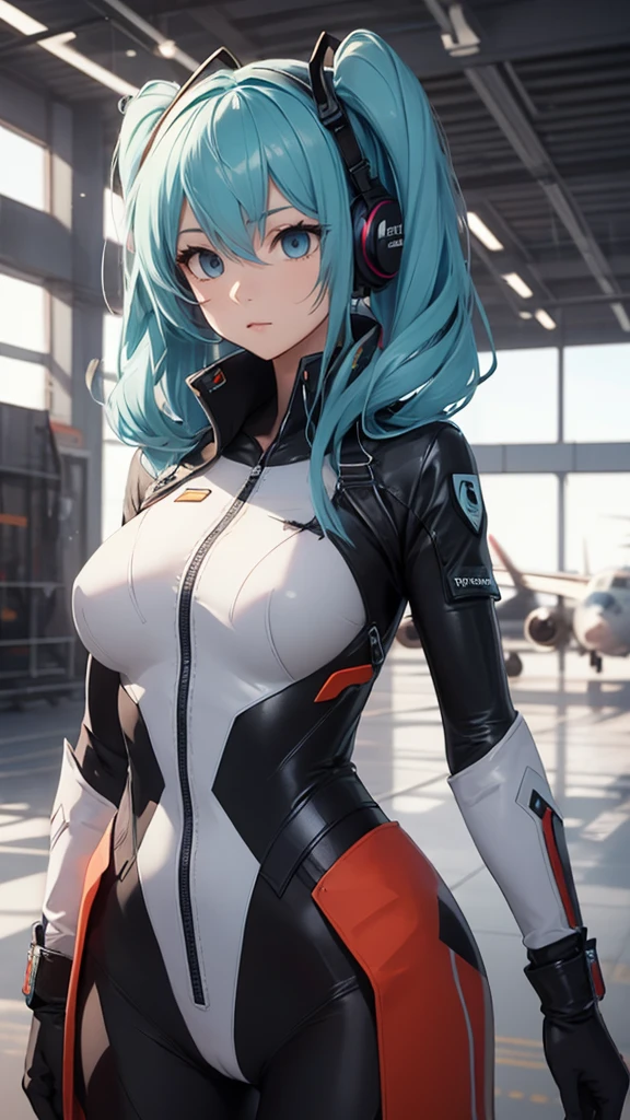 {{{{{masterpiece, best quality, official art, 8k, high resolution illustration}}}}}, hatune miku VOCALOID, twin tails, light blue eyes, light blue hair, ???????????, Generate an image of a cute "2d japanese hand drawn anime style" girl in a smooth curve, matte black ???????? inspired by a futuristic stealth bomber. She has accessories which include unique plane tail-ear headphones. The United States Air Force logo is visible on her outfit. she is standing on a runway in a military airport her gaze is angled about 30 degrees to the side