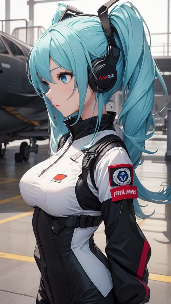 {{{{{masterpiece, best quality, official art, 8k, high resolution illustration}}}}}, hatune miku VOCALOID, twin tails, light blue eyes, light blue hair, big breasts, Generate an image of a cute "2d japanese hand drawn anime style" girl in a smooth curve, matte black bodysuit inspired by a futuristic stealth bomber. She has accessories which include unique plane tail-ear headphones. The United States Air Force logo is visible on her outfit. she is standing on a runway in a military airport her gaze is angled about 30 degrees to the side