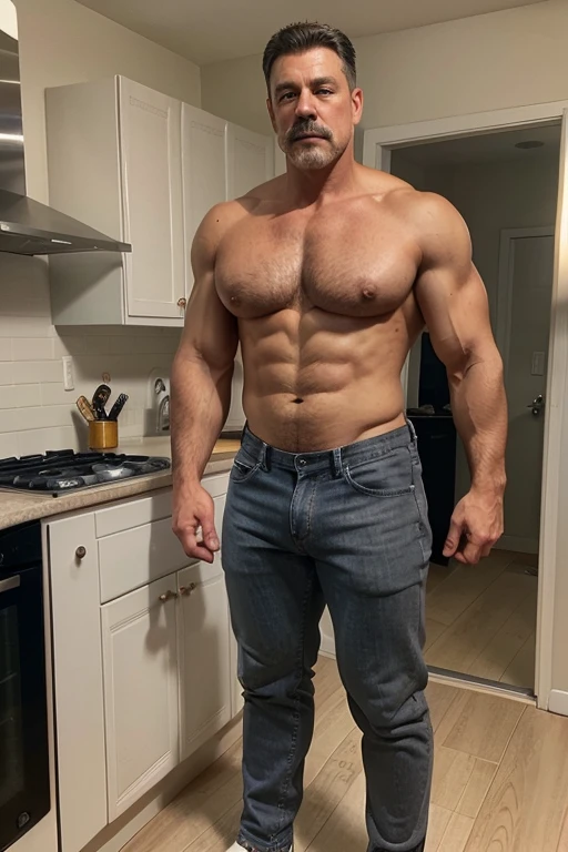 He's a big boy with Short gray hair, calm golden eyes,  He has short mustache. + He is in his fifties. Full body. Big muscular body, Big butt, Muscular legs, shirtless. Navy Jeans manly