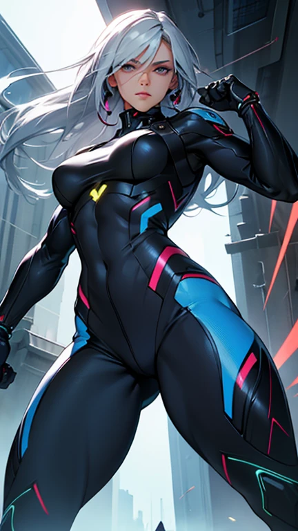 Beautiful cybernetic girl looking at camera in skintight battle gear detailed muscles realistic masterpieces dynamic poses