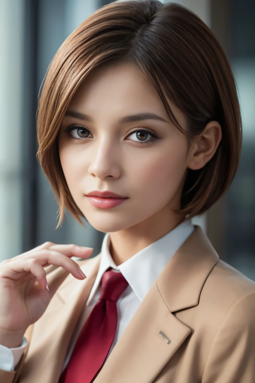 best quality, realistic, very detailed, finely, high resolution, 8k wallpaper, 1 beautiful woman,, light brown shorthair, wearing a business suit, sharp focus, Complete dynamic configuration, beautiful and delicate eyes, thin hair, face, close-up portrait, model's body type
