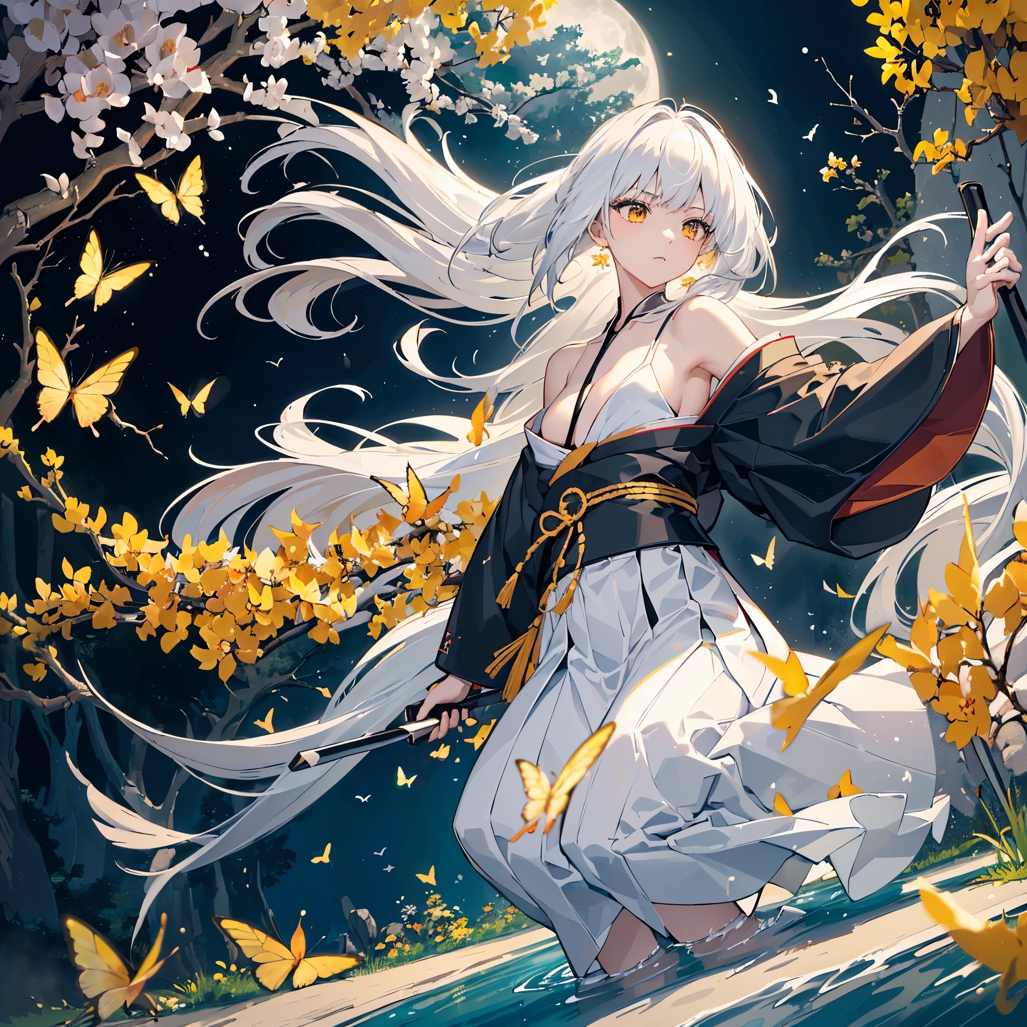 ((high resolution　White Hair　Long Hair　Black kimono　Black band　Military commander　Lonely　despair))　((Yellow butterfly　night　Japanese style　Shoulder　old　Shining Aura　garden　water surface))　(Dance　Blade of Darkness　Japanese sword　Swing down　Slashing)　moon　star　Draw your sword　Slashing　Catch the wind　fall