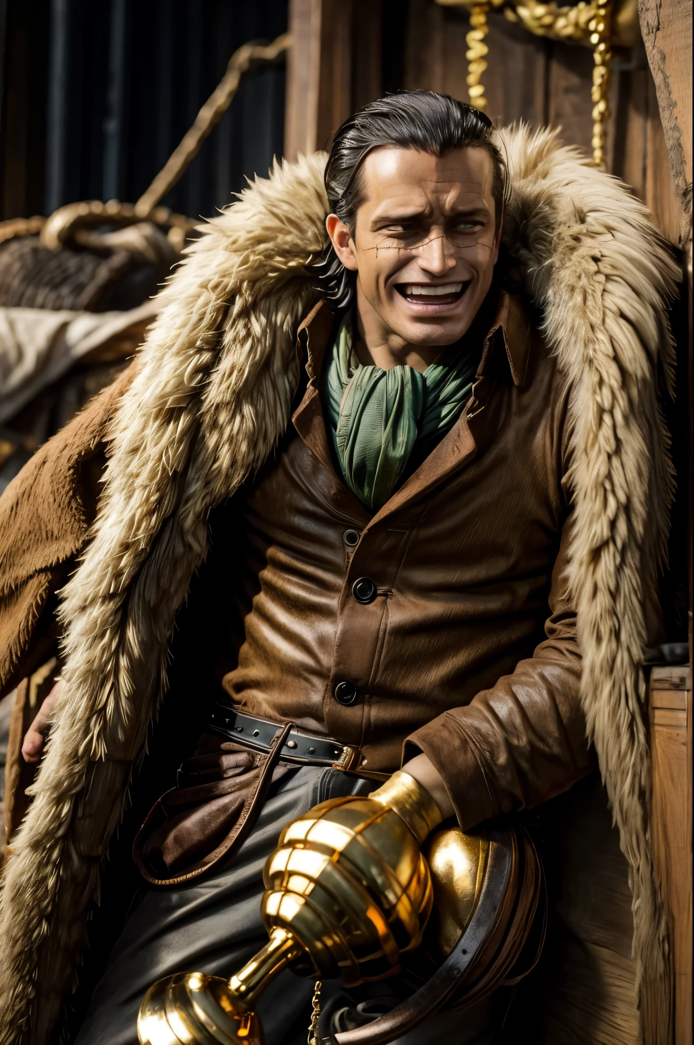 masterpiece, best quality, extremely detailed, hyperrealistic, photorealistic, a cool 40s man, ultra detailed face:1.2, fur-trimmed coat, scarf around the neck, his left hand is a golden pirate hook:1.1, in cave:1.2, laughing:1.1, treasure chest box:1.2, gold coins and jewelry