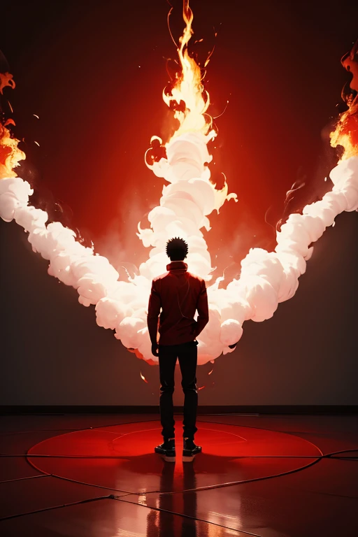 Young black man in red clothes standing on top of a big heart on fire in an empty white room with red smoke on the floor