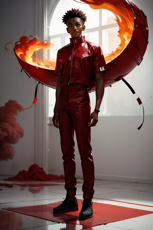 Young black man in red clothes standing on top of a big heart on fire in an empty white room with red smoke on the floor