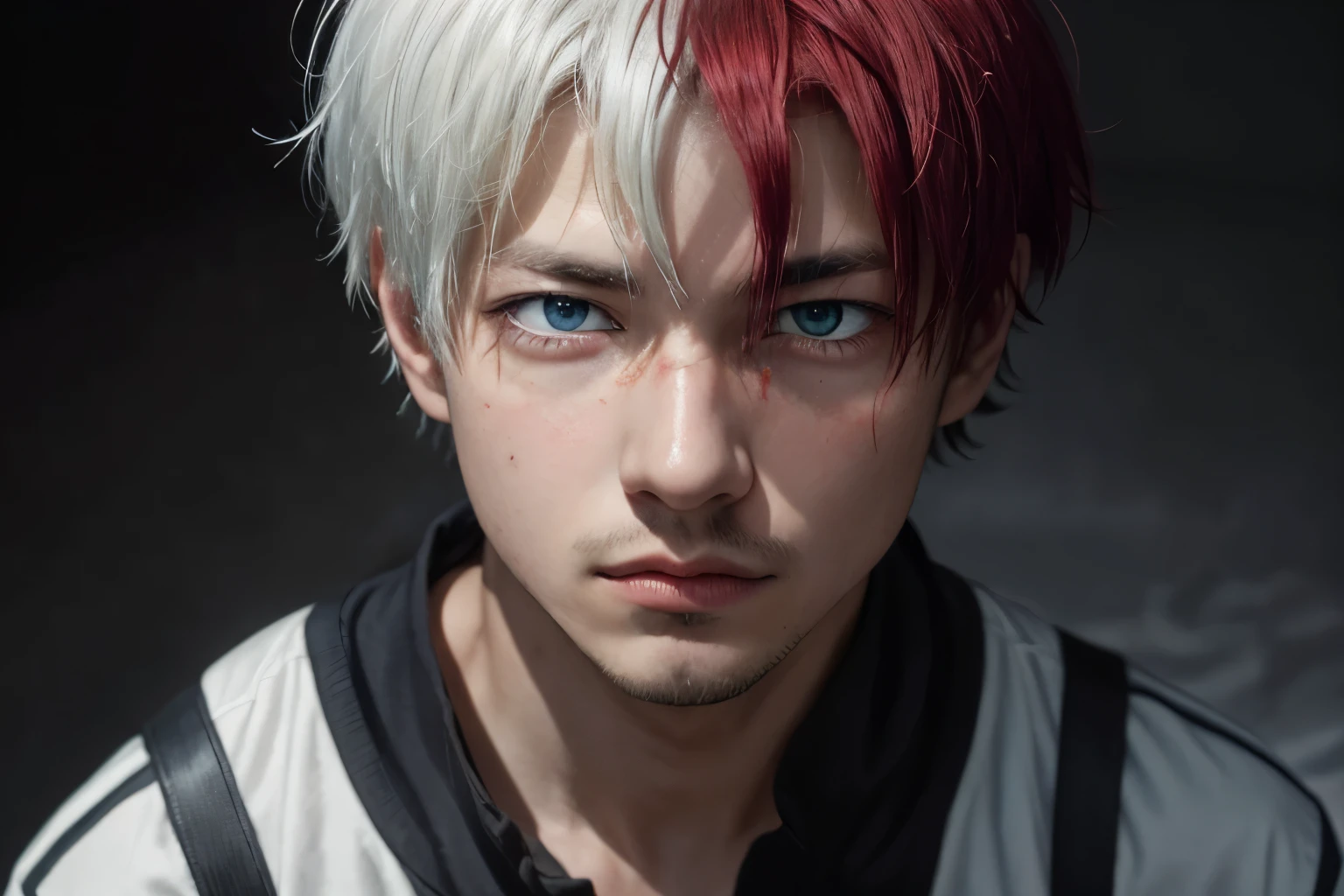 1 chico, enfoque masculino, children, yaoi, solo, mirando la vista, retrato, Shoto Todoroki, blue eyes, ojos grises, cabello corto, cabello blanco y rojo, fondo sencillo, mejor estetica, absurdos, year 2024