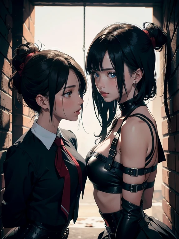 Dynamic shot, dynamic angle, ((2 girls)), bound, bondage, bound together, low lighting, bondage, schoolgirls, slaves, frightened, basement, cold light, high contrast, insecure, burning halo, highres, sharp focus, closeup