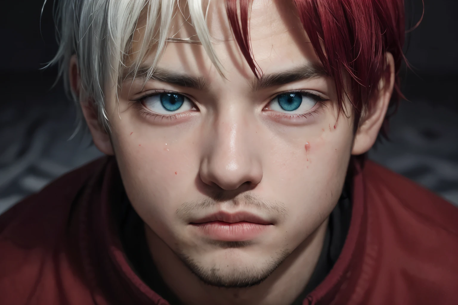 1 chico, enfoque masculino, children, yaoi, solo, mirando la vista, retrato, Shoto Todoroki, blue eyes, ojos grises, cabello corto, cabello blanco y rojo, fondo sencillo, mejor estetica, absurdos, year 2024