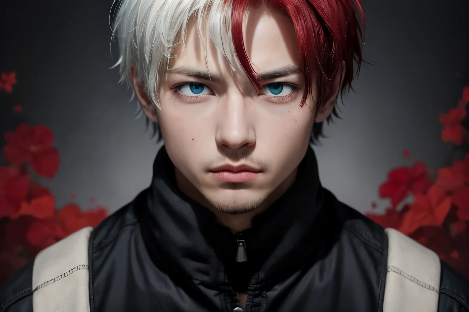 1 chico, enfoque masculino, children, yaoi, solo, mirando la vista, retrato, Shoto Todoroki, blue eyes, ojos grises, cabello corto, cabello blanco y rojo, fondo sencillo, mejor estetica, absurdos, year 2024