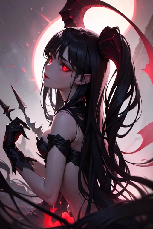 (best
quality,4k,highres,ultra-detailed,realistic:1.2),vivid
red glowing eyes,shiny long and sharp red
nails,elegant flowing black hair, beautiful demon
girl,holding a skull of a skeleton that cries
blood,kissing the skull gently,undressed, dark gothic atmosphere, vibrant red
accents,colorful smoke surrounding the scene,
dramatic lighting, intense emotions, devil horns on top head