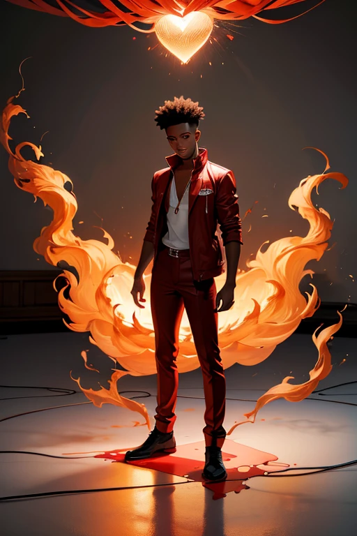 Young black man in red clothes standing on top of a big heart on fire in an empty white room with red smoke on the floor and young man with a ring in his hand 