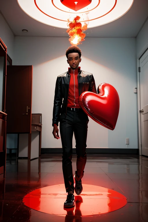 Young black man in red clothes standing on top of a big heart on fire in an empty white room with red smoke on the floor and young man with a ring in his hand 