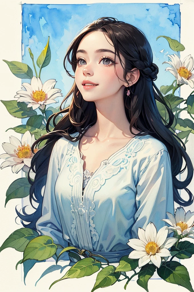 (masterpiece、highest quality、highest quality、Beautiful and beautiful:1.2)、Good anatomy、(Watercolor 1.5)、Composition looking up from a low position、Wide blue sky、Drawing of a girl with braided hair、Beautiful smile、Flower Fairy、Flower-sized body、pure、Charm、Fantasy、Botanical Art