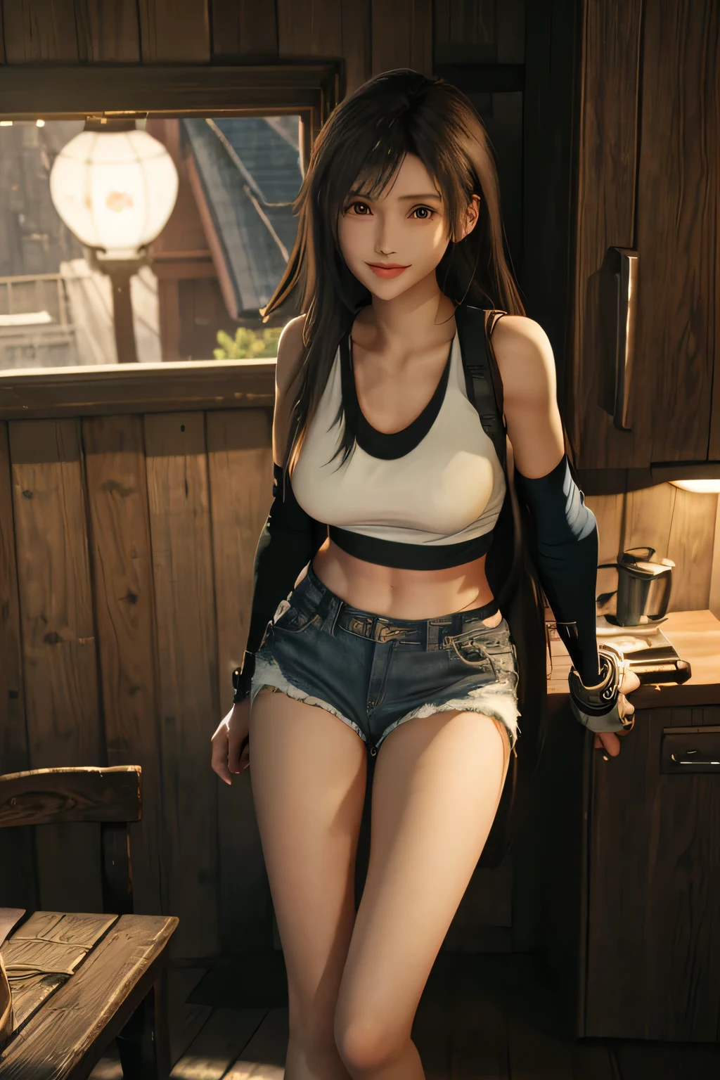 Half German and half American woman、165㎝、eight-headed body、Wearing denim shorts、Wearing basketball shoes、Thin and slender legs、The buttocks are up tightly.、Wearing a summer sweater、Cute face、Smiling、Light brown hair