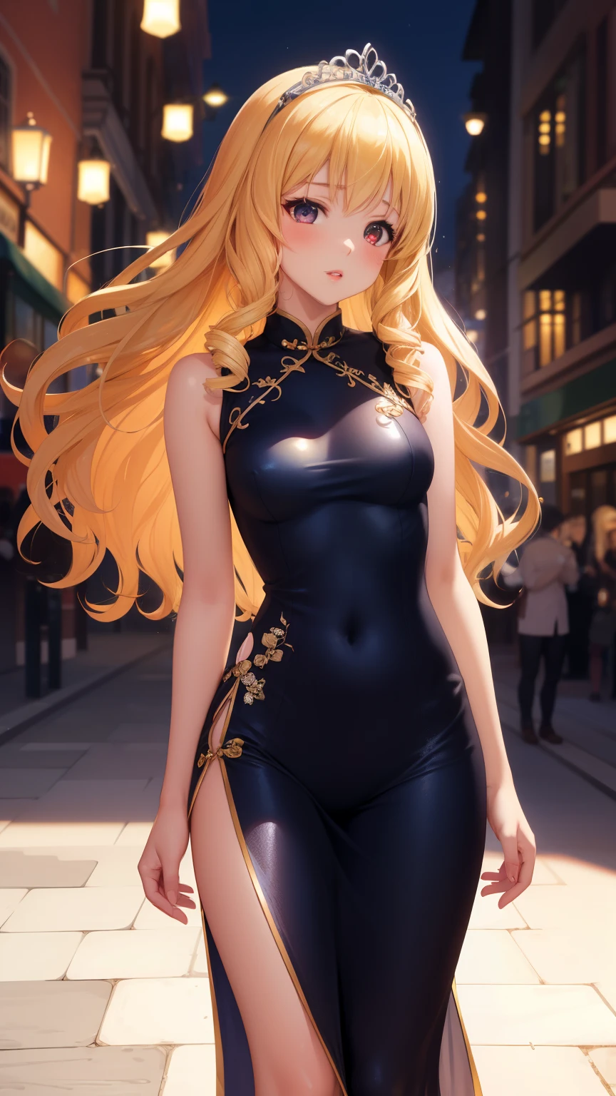 masterpiece, best quality, 1girl, very curly hair, blonde hair, shiny hair, tiara, diadem, medium breasts, glossy lips, good lighting, latifa fleuranza, city street, sleeveless cheongsam