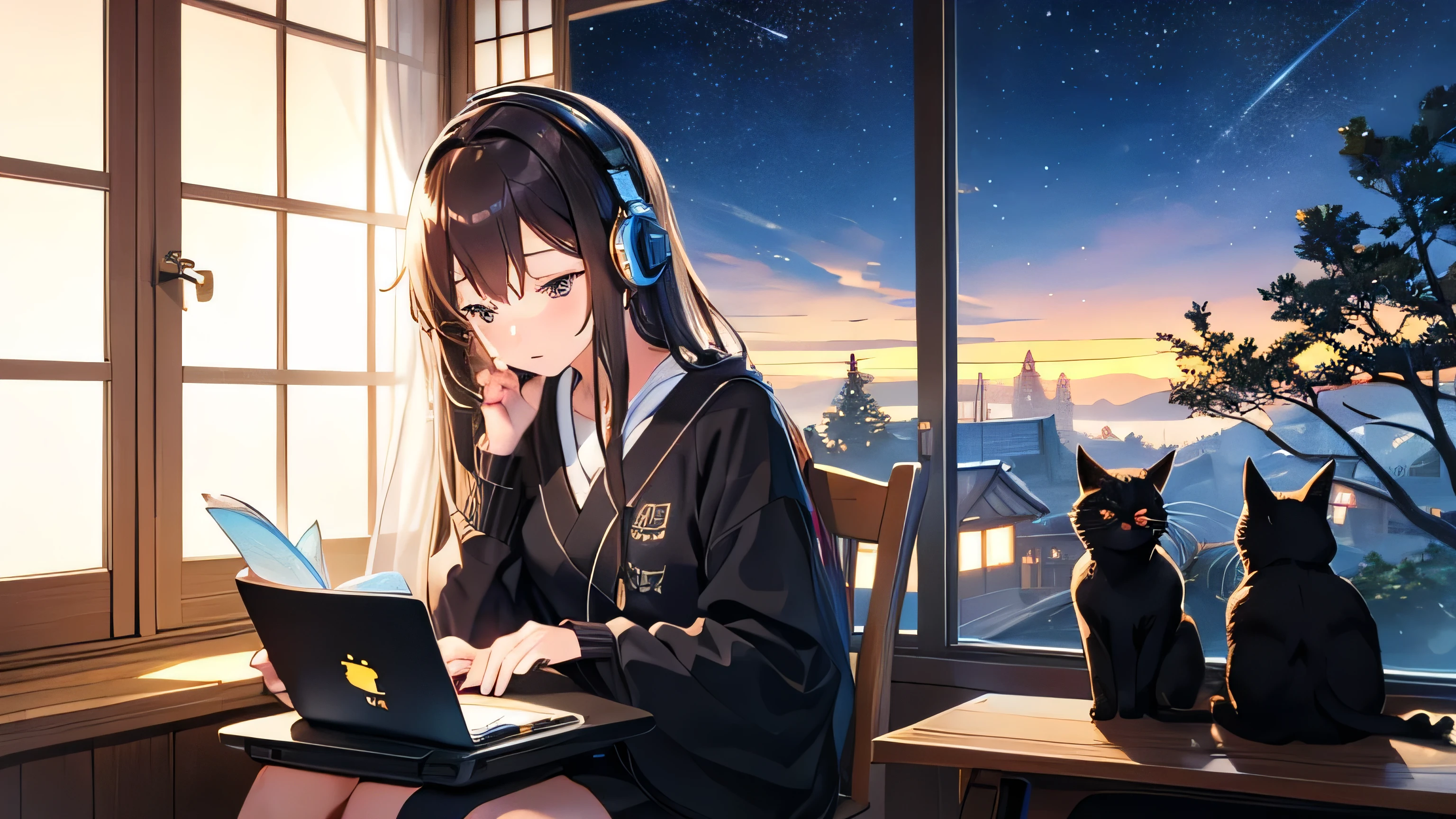 Anime girl sitting on a chair with a laptop and a cat - SeaArt AI