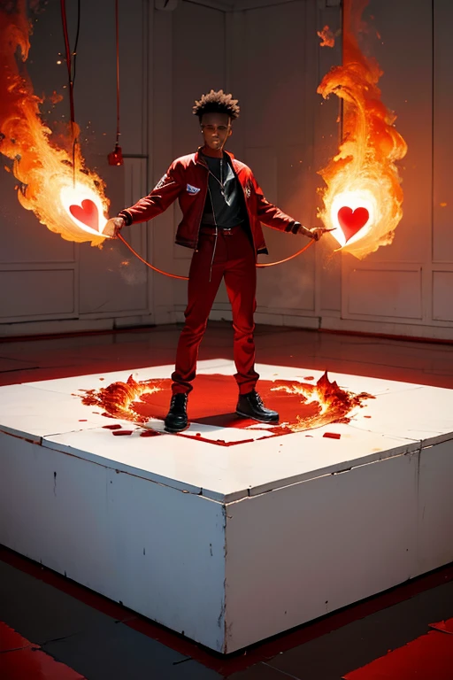 Young black man in red clothes standing on top of a big heart on fire in an empty white room with red smoke on the floor