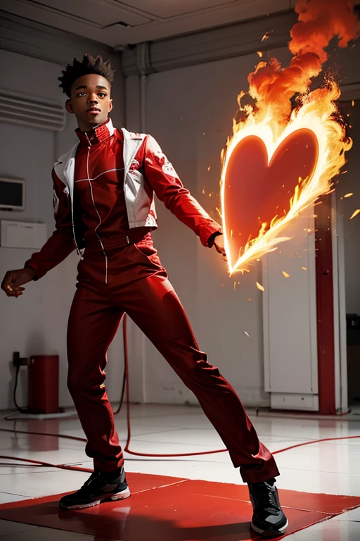 Young black man in red clothes standing on top of a big heart on fire in an empty white room with red smoke on the floor