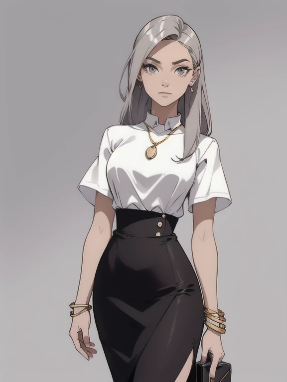 inventar, mascara, limpar, desenhos afiados, silhuetas fluidas, camisa apertada, ((high waist pencil skirts)), simple blouse with buttons, asymmetric, Geometric, Materiais e designs elegantes e luxuosos, simples, minimal accessories, Fine silver or gold necklaces and rings, simples bangles, Designs diferenciados, silhuetas simples, V Profundo, decote, decote, vestido vermelho, loiro platinado, chic and mature print, estilo simples e sofisticado, elegance, Minimalismo, materiais de alta qualidade, cool and urban print, alta moda, seios grandes, Agile, simplicity and sophistication,