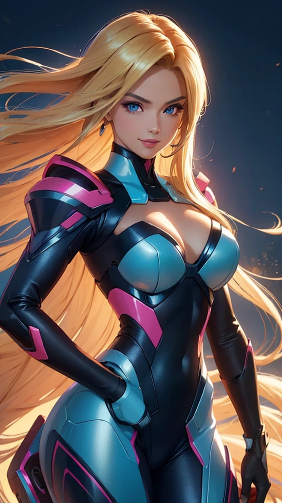 (best quality,ultra-detailed,photo-realistic:1.37),bright and vibrant colors,studio lighting,playful expression,stylish makeup,long blonde hair flowing in the wind,alluring eyes,glossy lips,sexy pose, Reploid, Cyberspace, Megaman X, Zero, smiling in a confident and seductive way,posing for a professional photoshoot,shallow depth of field,highlighting the main subject,soft natural lighting,creating a dreamy and magical atmosphere.