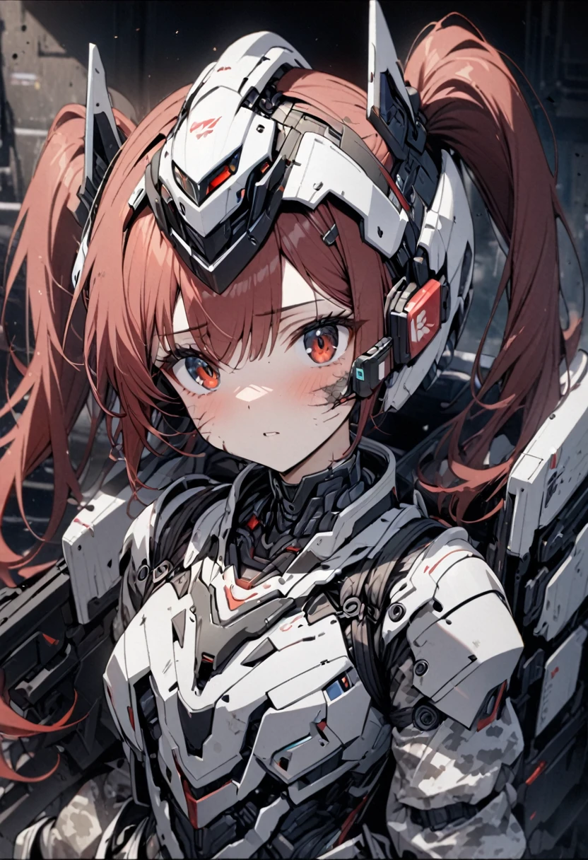 High quality, high definition, hig
h precision images,8k 1Girl Robot Girl、red hair,Twin tails,Red eyes、 ,( white and gray camouflage clothing ),,she wearing flashy robot armor.Holding a urban camouflage long range rifle,A robot-like helmet on the head,Scouter in one eye、The skin on half of my face has peeled off.The base of the cyborg is visible、Face full of scars Not there,close up face,Shot from an angle