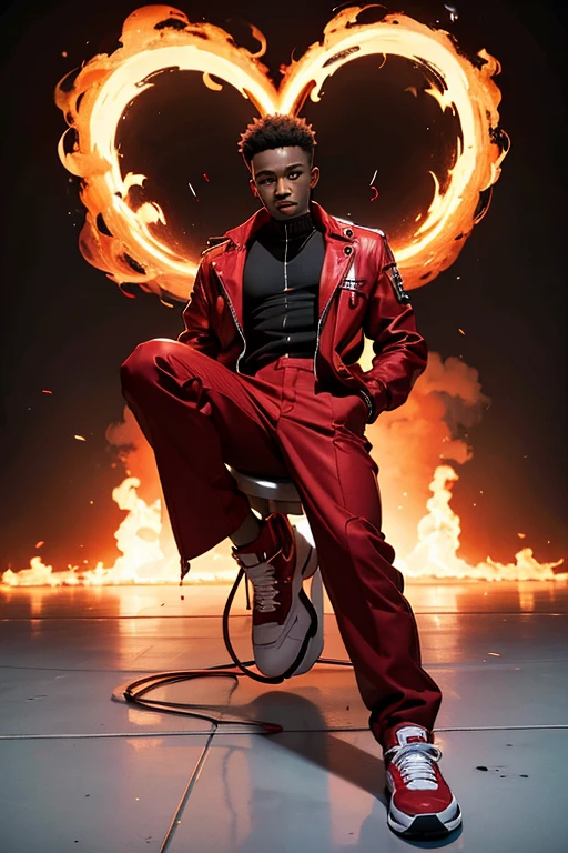 Young black man in red clothes standing on top of a big heart on fire in an empty white room with red smoke on the floor