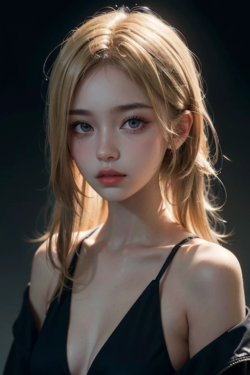 18-year-old woman, Blonde, (Hyperfade:1.3), Dark theme, soothing color tones, muted colors, high contrast, (The skin texture is natural., Surreal, soft light, sharp)
