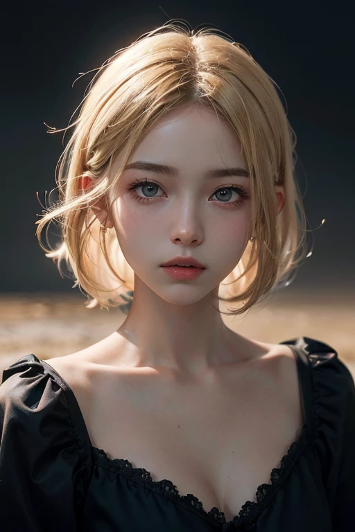 18-year-old woman, Blonde, (Hyperfade:1.3), Dark theme, soothing color tones, muted colors, high contrast, (The skin texture is natural., Surreal, soft light, sharp)